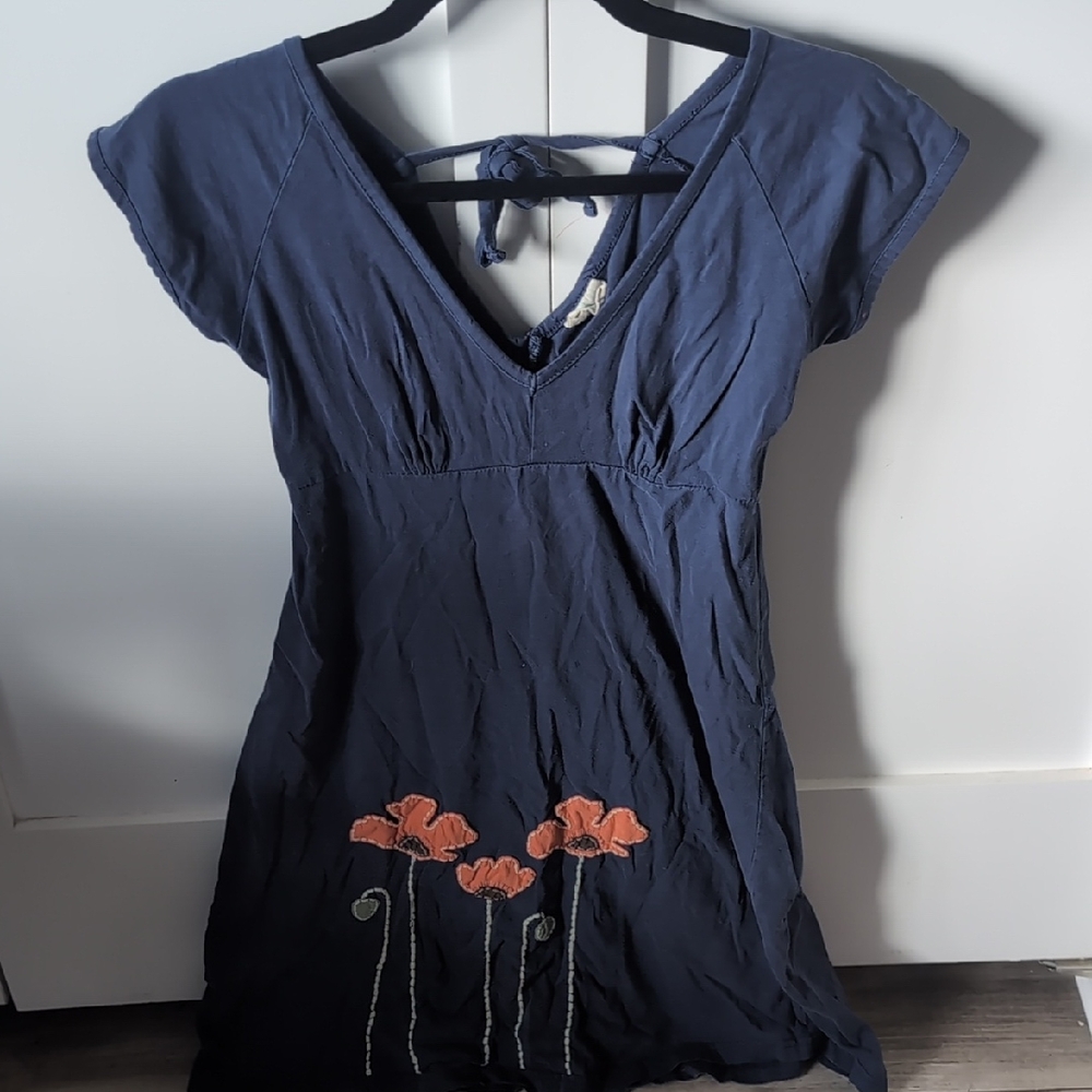 Synergy Organic Clothing Navy Midi Dress with Orange Floral Embroidery